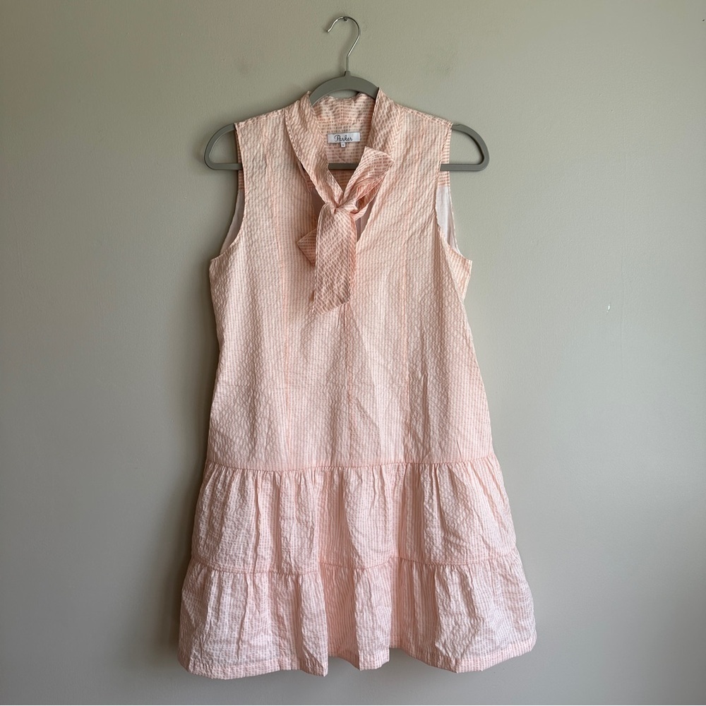 Parker Pink Seersucker Tiered Toe Neck Mini Dress Small